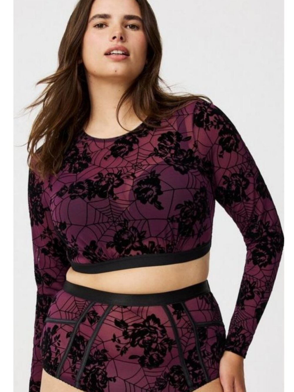 NWT Torrid 3 Flocked Mesh Under It All Crop Top Purple Web Roses 3X 22 24